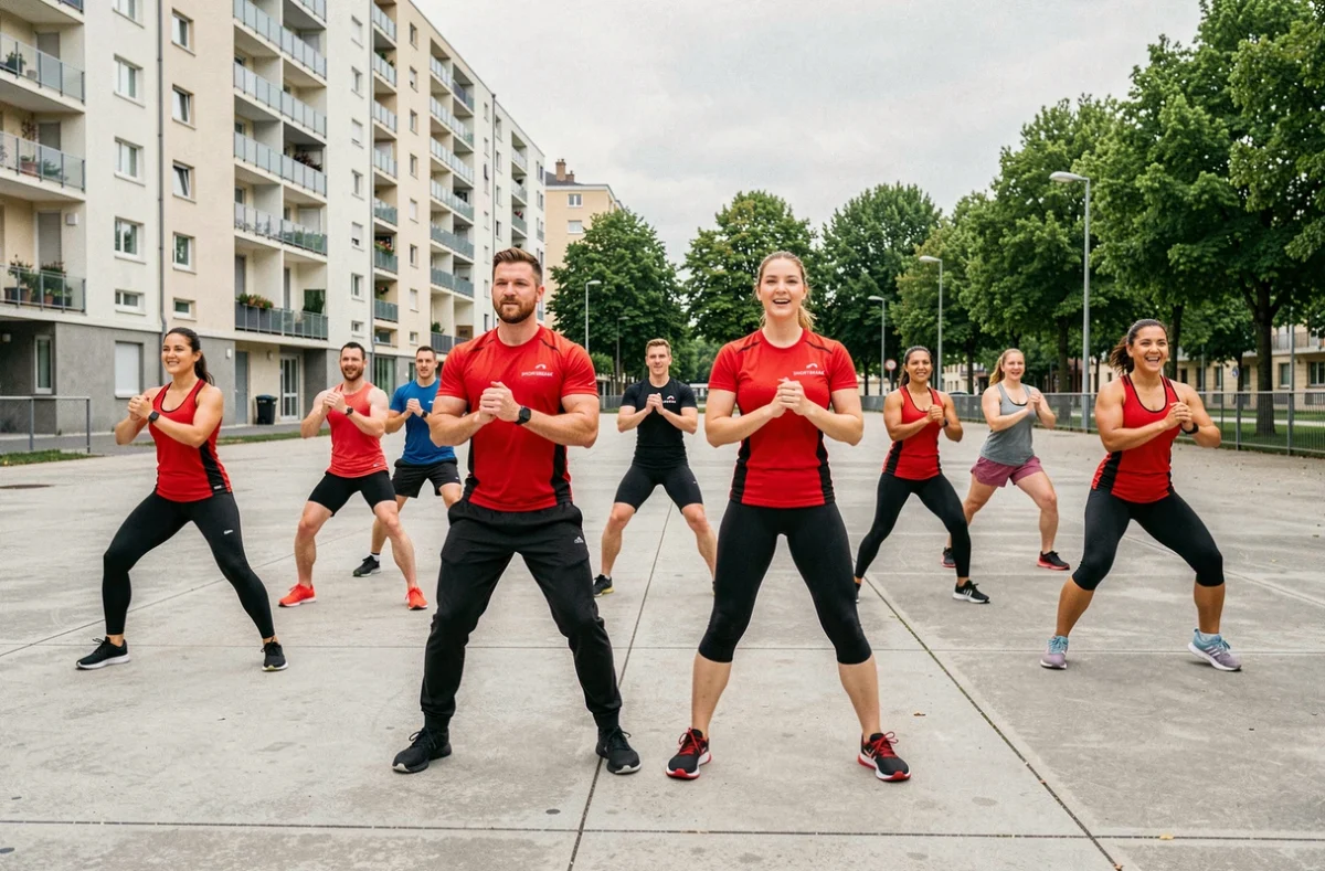 SHORTBREAK coaching sportif en Seine-Saint-Denis, deux coachs animant un cours collectif en plein air sur une place urbaine
