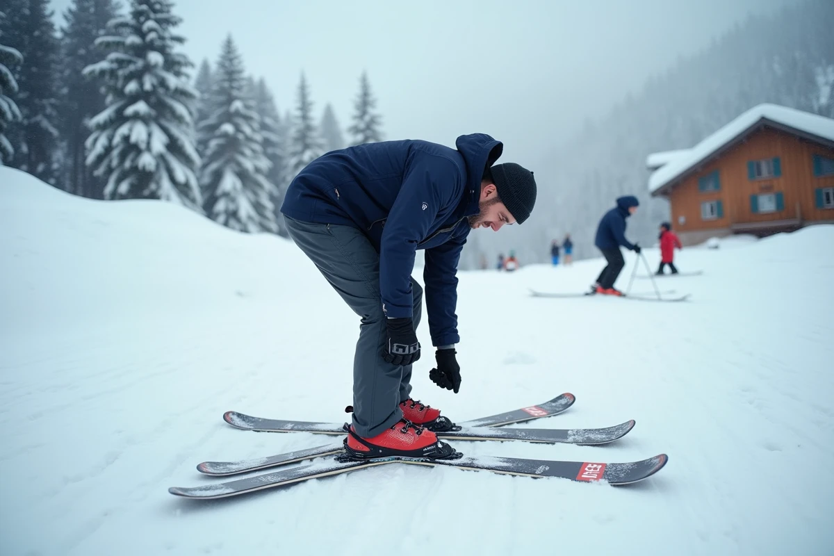 Skieur chaussant des skis de location au pied des pistes des Sept Laux, avec chalets et forêt enneigée en arrière-plan