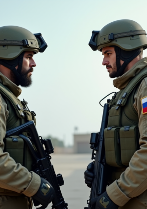 Deux soldats modernes face à face en uniforme français et russe