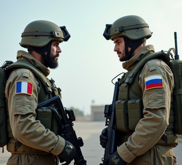 Deux soldats modernes face à face en uniforme français et russe