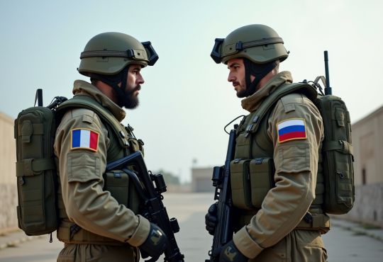 Deux soldats modernes face à face en uniforme français et russe