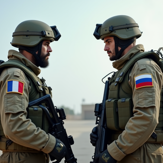 Deux soldats modernes face à face en uniforme français et russe