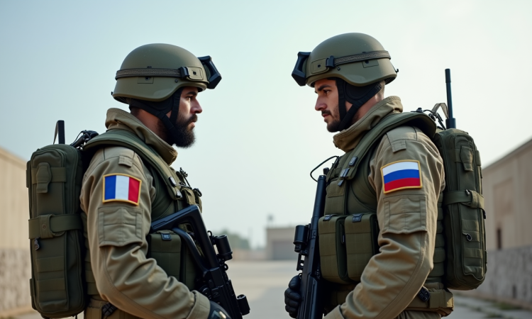 Deux soldats modernes face à face en uniforme français et russe