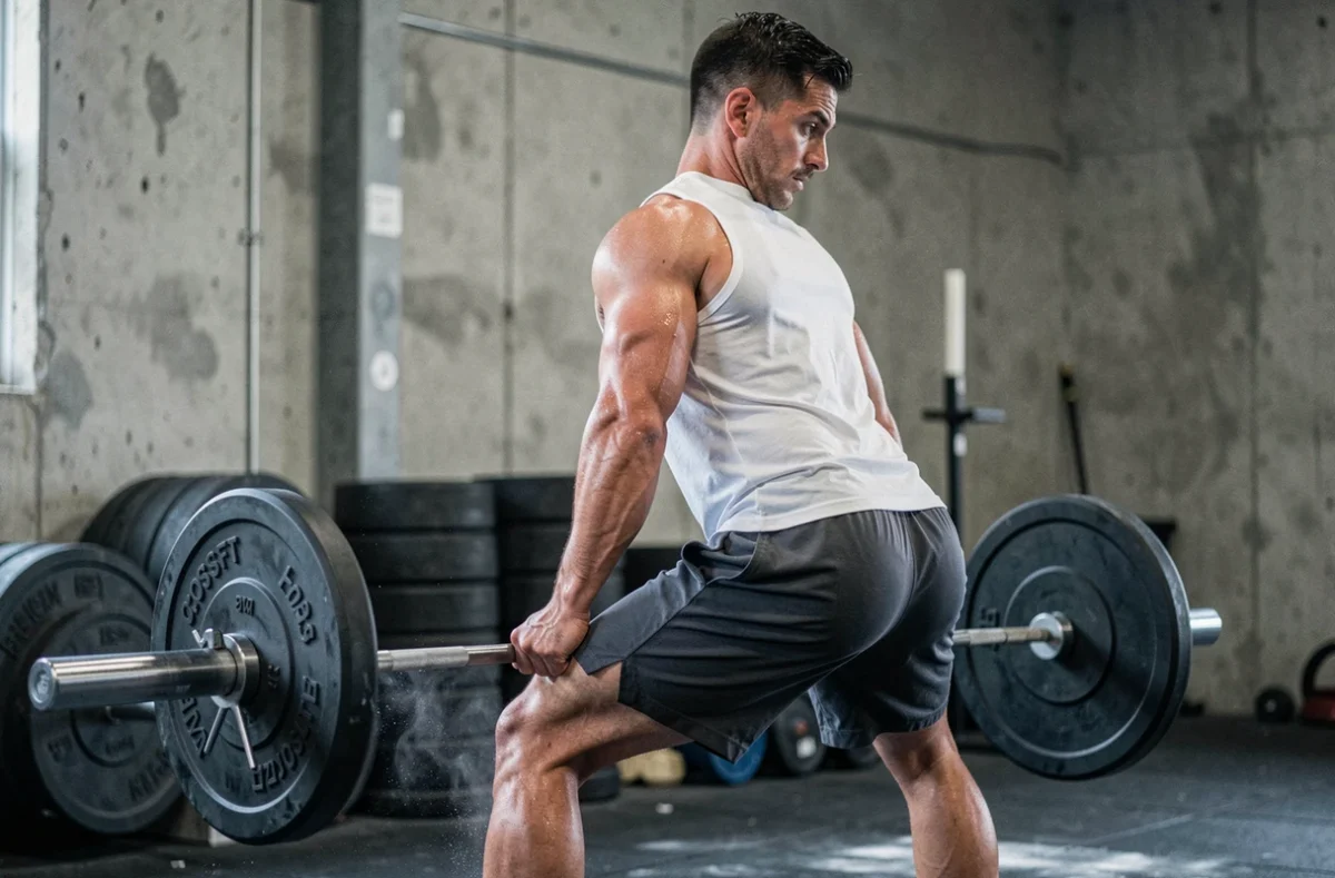 Homme effectuant un soulevé de terre roumain avec haltère long dans une salle de sport style CrossFit, focus sur la technique et la posture