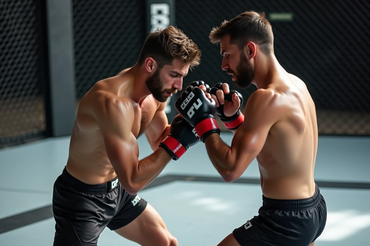 Deux combattants MMA en sparring en cage travaillant le clinch et la stratégie de catégorie supérieure lors d'un entraînement structuré