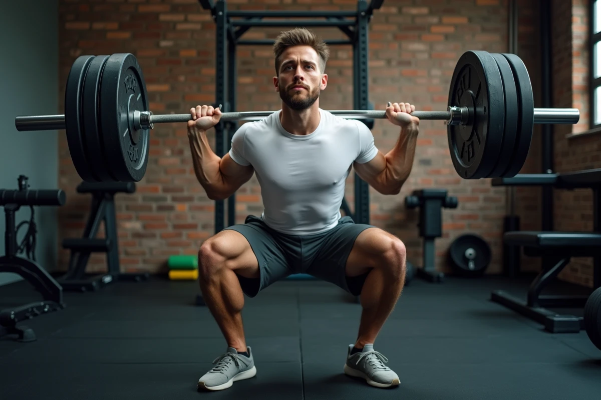 Homme musclé effectuant un squat barre dans un garage aménagé en salle de musculation, vue de côté en position basse