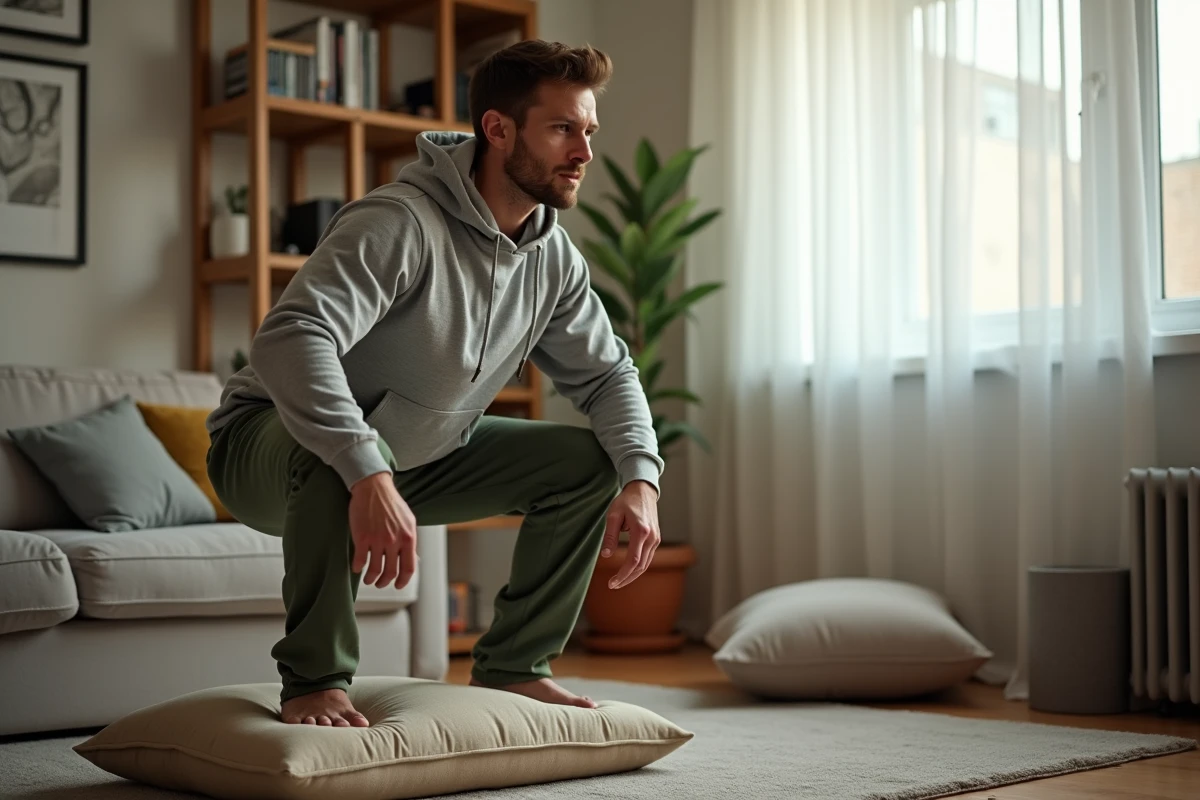 Homme réalisant un squat bulgare avec pied arrière surélevé sur un canapé dans un salon aménagé pour le sport à domicile