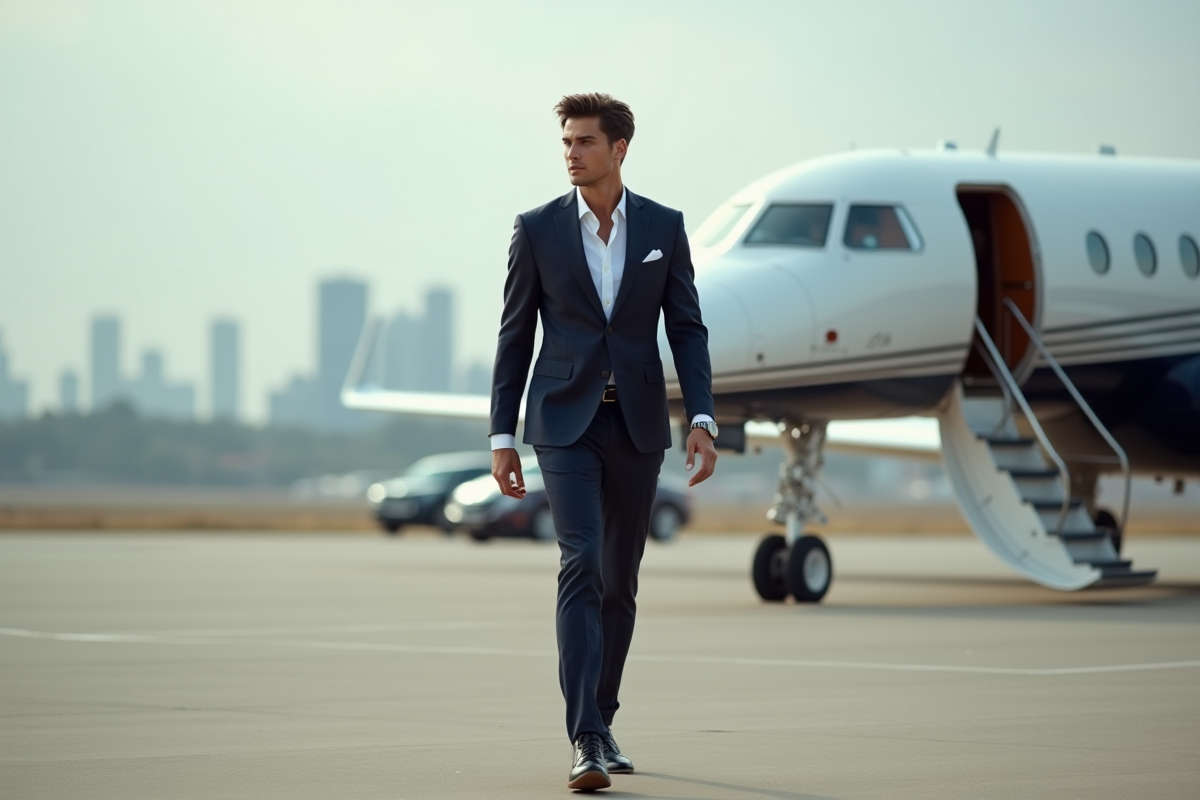 Jeune star de tennis en costume avec jet privé sur le tarmac