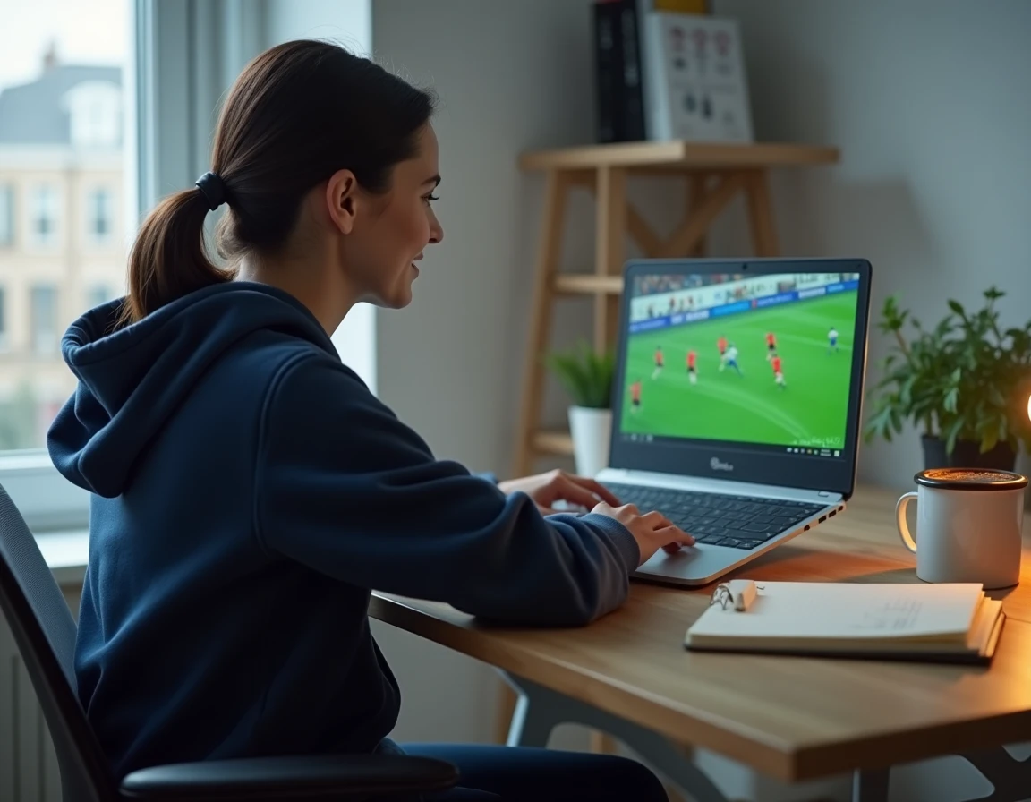 Une femme regardant un match de l'Inter Milan en streaming sur son ordinateur portable depuis son bureau à domicile