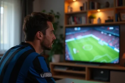 Un supporter de l'Inter Milan regardant un match en direct sur sa télévision depuis son appartement en France