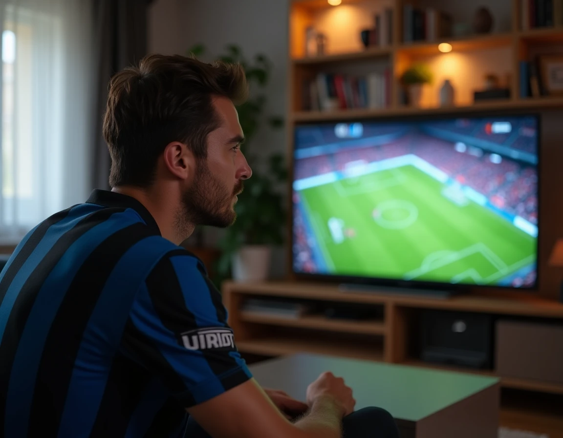 Un supporter de l'Inter Milan regardant un match en direct sur sa télévision depuis son appartement en France