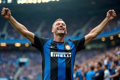 Supporter de l'Inter Milan en maillot officiel noir et bleu célébrant dans un stade bondé