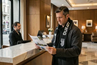 Un supporter de la Juventus examine un pack hôtel et billet au comptoir d'un hôtel de Turin