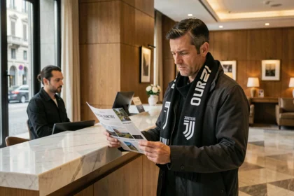 Un supporter de la Juventus examine un pack hôtel et billet au comptoir d'un hôtel de Turin