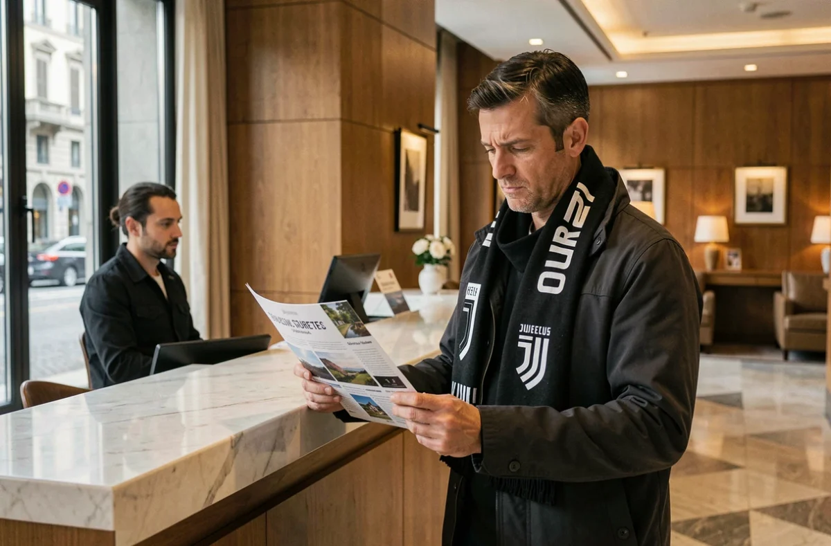 Un supporter de la Juventus examine un pack hôtel et billet au comptoir d'un hôtel de Turin
