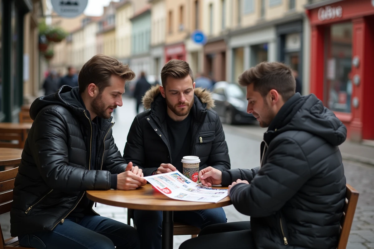 Groupe de supporters du CA Brive consultant le guide officiel en terrasse de café à Brive-la-Gaillarde