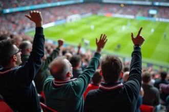 Supporters du CA Brive en tribunes avec écharpes noir et blanc lors d'un match de rugby
