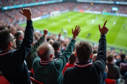 Supporters du CA Brive en tribunes avec écharpes noir et blanc lors d'un match de rugby