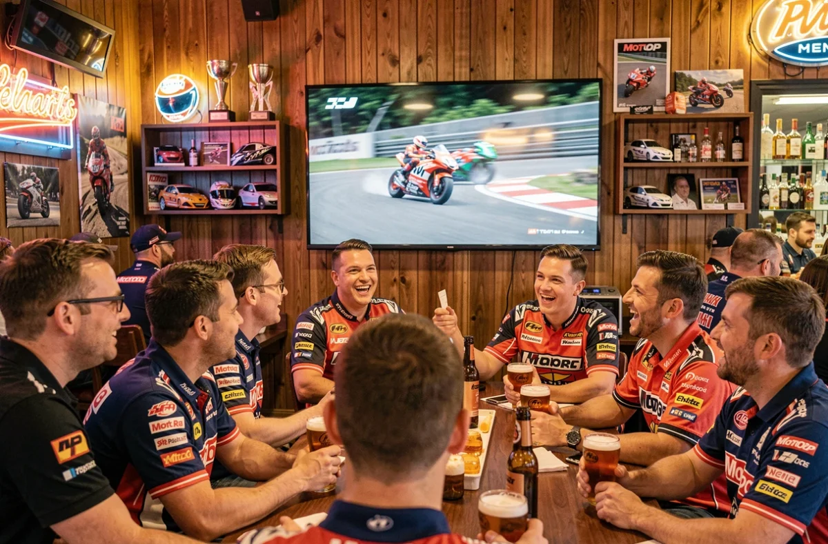 Supporters MotoGP regardant une course en direct sur grand écran dans un bar sportif animé