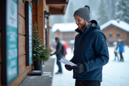 Skieur consultant le tarif forfait La Plagne au guichet d'une station alpine enneigée