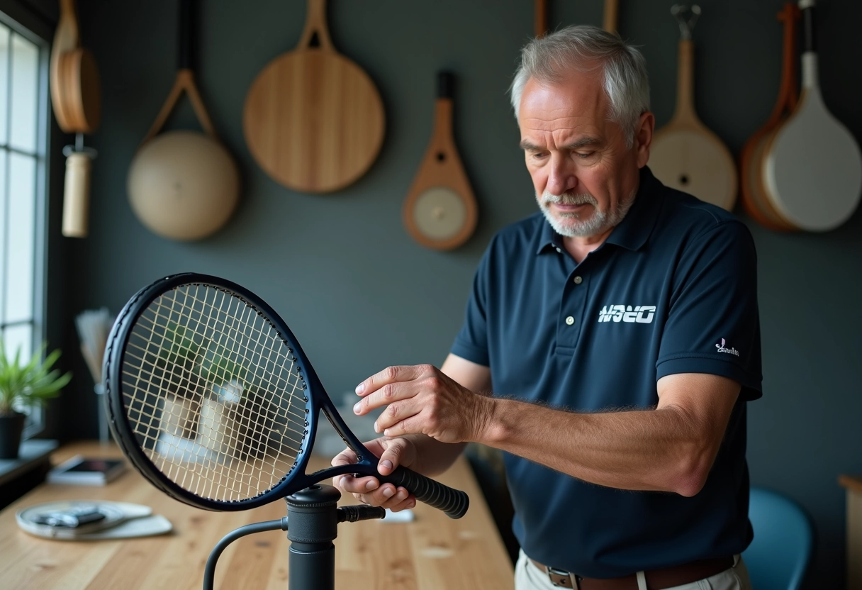 Technicien de tennis travaillant dans un atelier de cordage intérieur