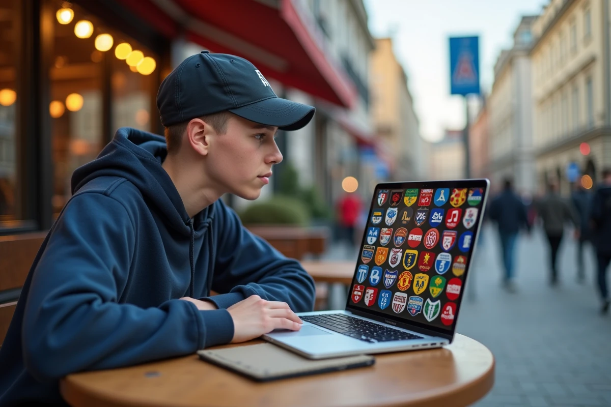 Adolescent regardant logos de football sur son ordinateur