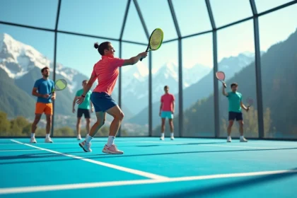 Groupe de joueurs de padel sur un terrain panoramique avec vue sur les montagnes à travers des parois en verre transparent