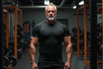 Athlète de grande stature musclé en t-shirt noir dans une salle de sport, illustrant la morphologie de The Rock comparée à d'autres catcheurs professionnels