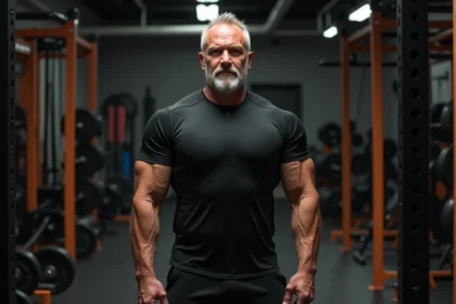 Athlète de grande stature musclé en t-shirt noir dans une salle de sport, illustrant la morphologie de The Rock comparée à d'autres catcheurs professionnels