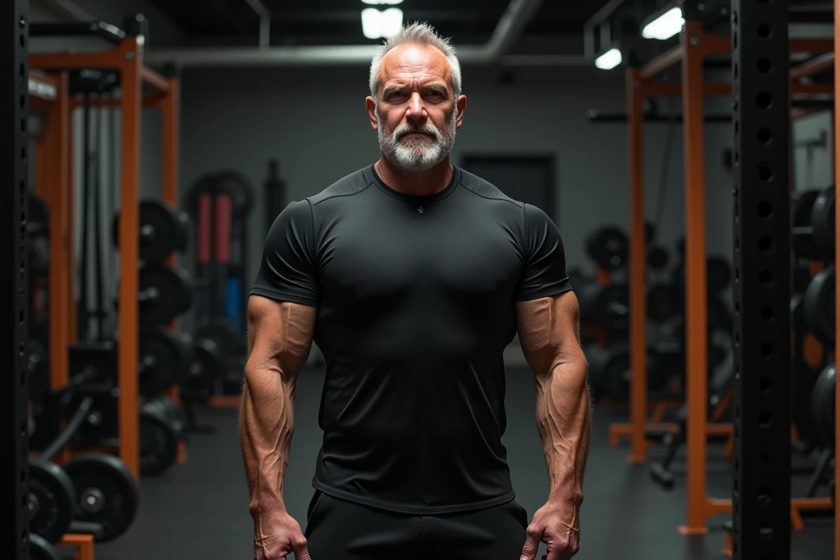 Athlète de grande stature musclé en t-shirt noir dans une salle de sport, illustrant la morphologie de The Rock comparée à d'autres catcheurs professionnels