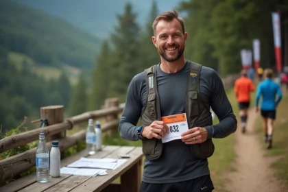 Traileur homme souriant pinçant son dossard en nature