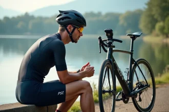 Triathlète masculin en vélo au bord du lac