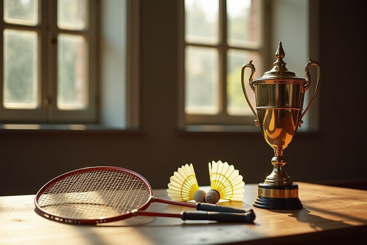 Trophée vintage et raquettes de badminton sur une table en bois