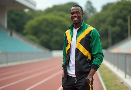 Usain Bolt debout sur la piste d'athlétisme en extérieur