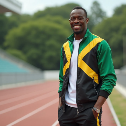Usain Bolt debout sur la piste d'athlétisme en extérieur