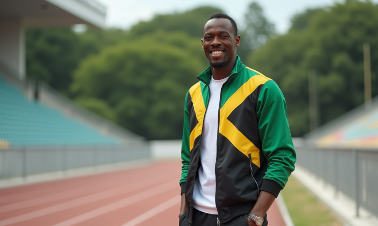 Usain Bolt debout sur la piste d'athlétisme en extérieur