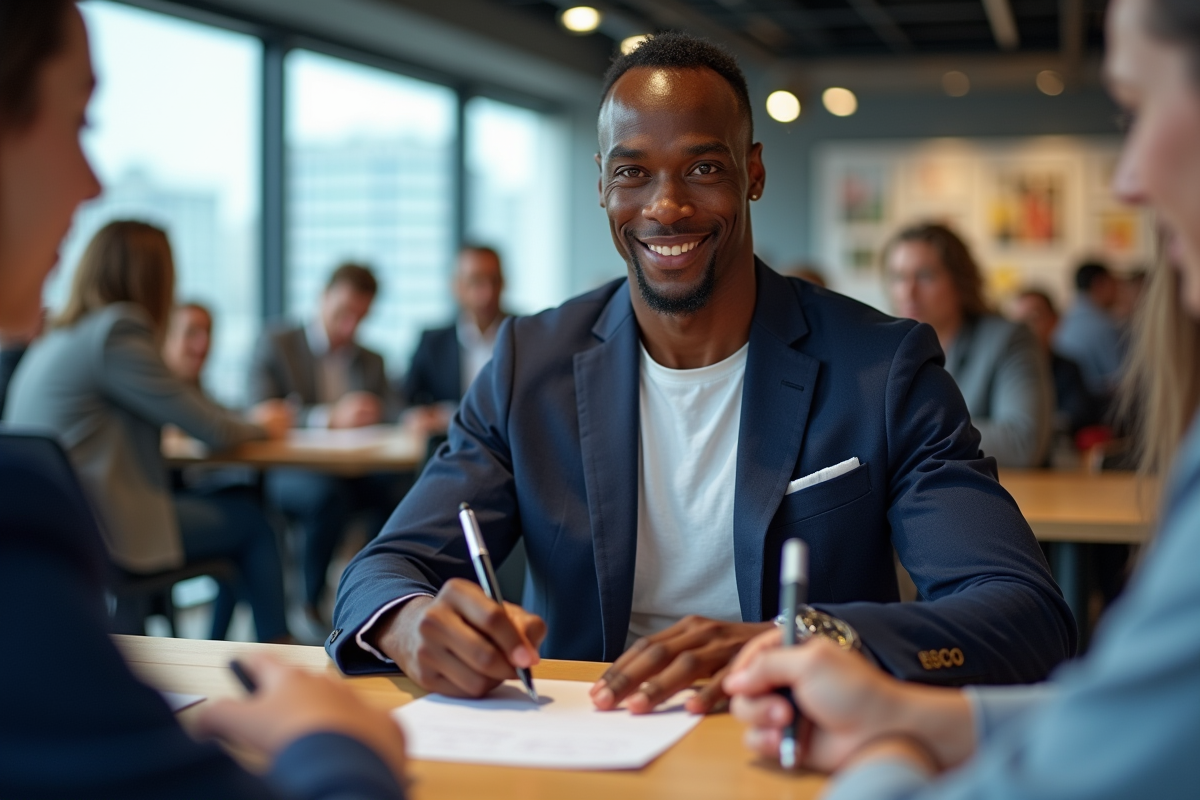 Usain Bolt signant des autographes dans un bureau moderne