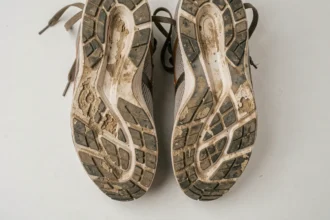 Semelles de chaussures de running usées montrant des patterns d'usure asymétriques révélant la pronation et la supination du pied