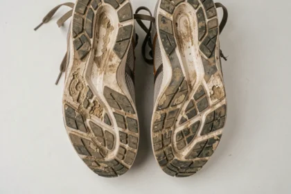 Semelles de chaussures de running usées montrant des patterns d'usure asymétriques révélant la pronation et la supination du pied