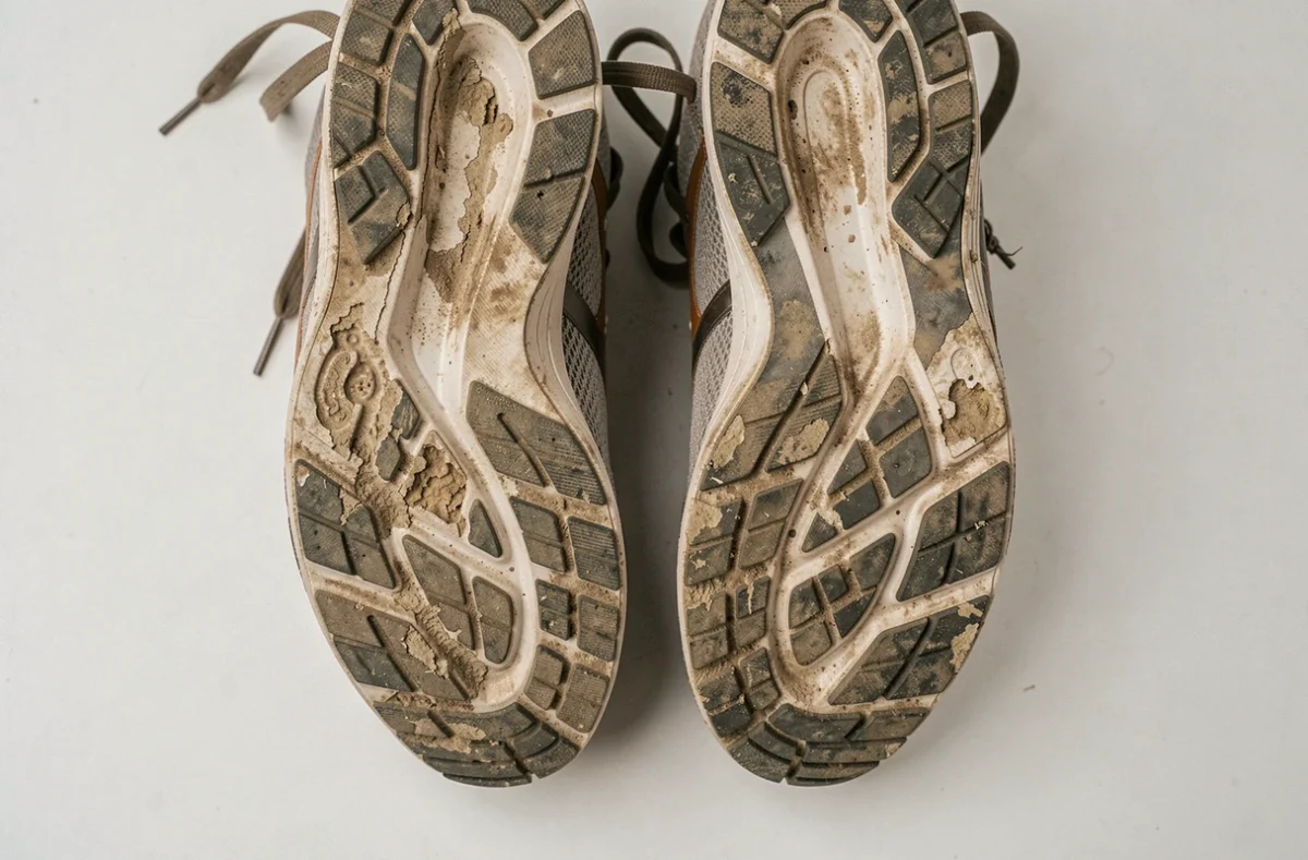 Semelles de chaussures de running usées montrant des patterns d'usure asymétriques révélant la pronation et la supination du pied