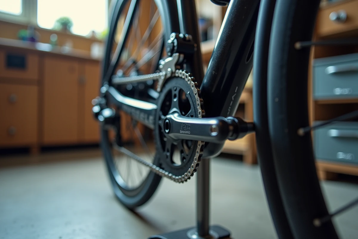 Gros plan sur le groupe Shimano et le pédalier carbone du Van Rysel RCR après 6 mois d'utilisation