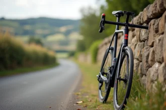 Van Rysel RCR posé contre un mur en pierre sur une route de campagne française après 3000 km d'utilisation
