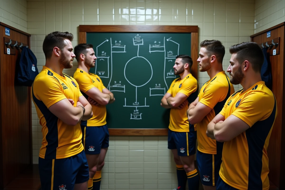 Joueurs de rugby en réunion tactique dans un vestiaire avant un match de Fédérale 2