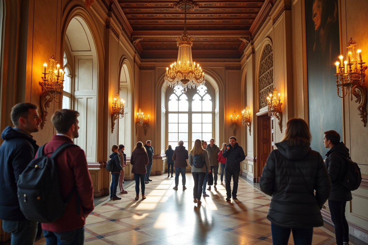 Groupe de voyageurs dans un château médiéval français élégant