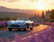 Voiture vintage de luxe sur une route en Provence avec champs de lavande