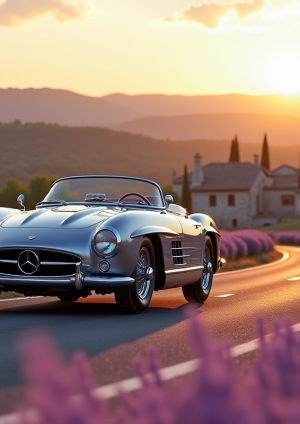 Voiture vintage de luxe sur une route en Provence avec champs de lavande