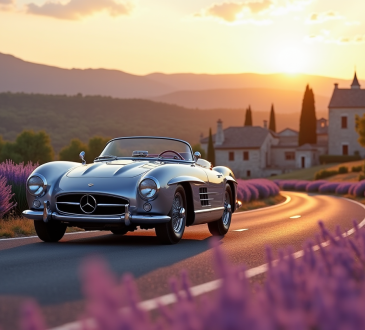 Voiture vintage de luxe sur une route en Provence avec champs de lavande
