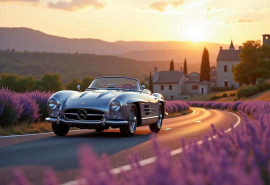 Voiture vintage de luxe sur une route en Provence avec champs de lavande