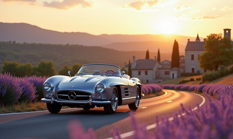 Voiture vintage de luxe sur une route en Provence avec champs de lavande