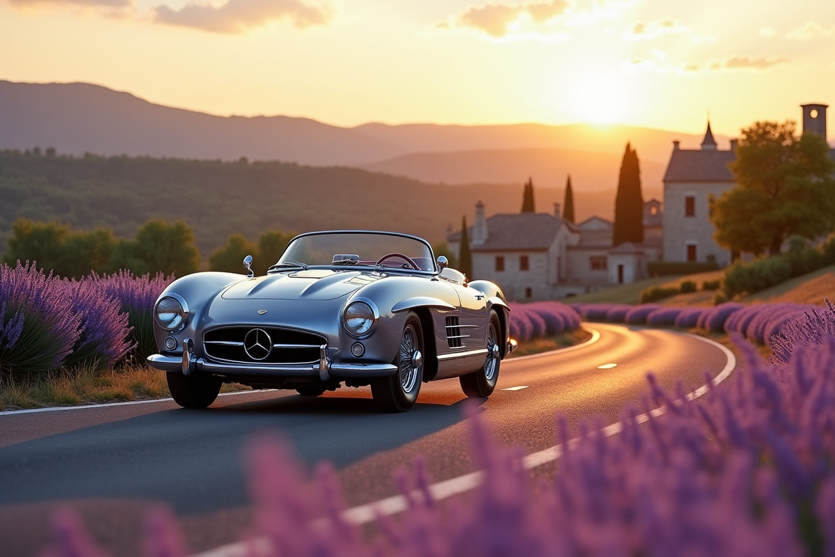 Voiture vintage de luxe sur une route en Provence avec champs de lavande